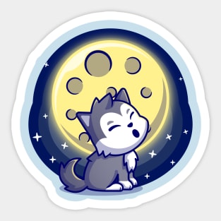 Cute Wolf Roar With Moon Cartoon Sticker